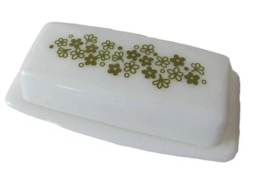 Vintage Pyrex Crazy Daisy Spring Blossom Green covered Butter Dish 1972-1979