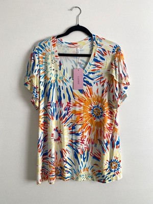 NWT Colorful Women's V-Neck Short Sleeve Top By Cathy Size 2XL Relaxed Fit