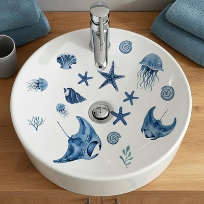 Blue Tone Marine Life Glass Sticker Bathroom Sink Decorative Decal Wall Sticker