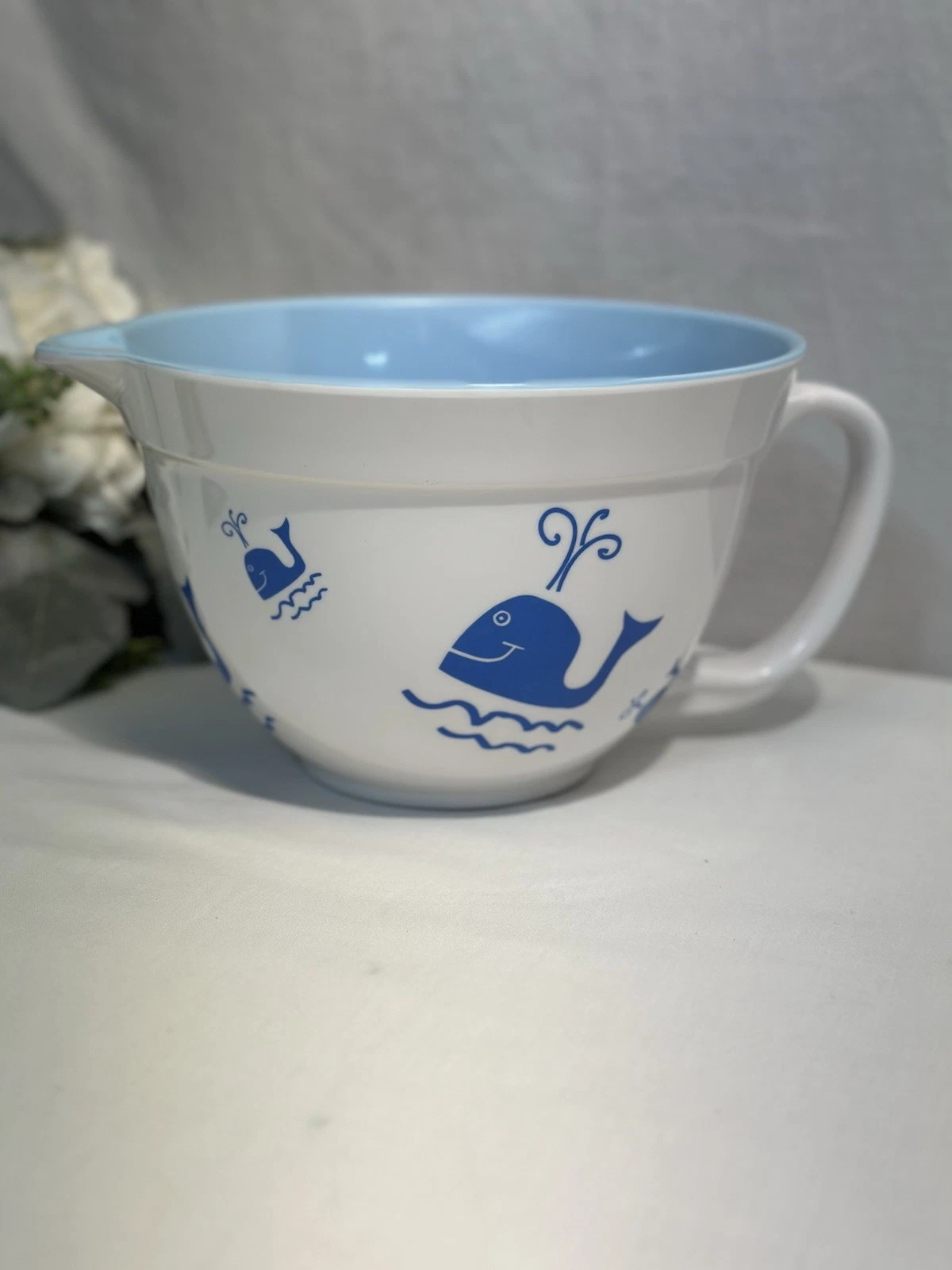 Melamine Whale Batter Mixing Serving Bowl w/ Spout Nautical Blue & White 2 Qt