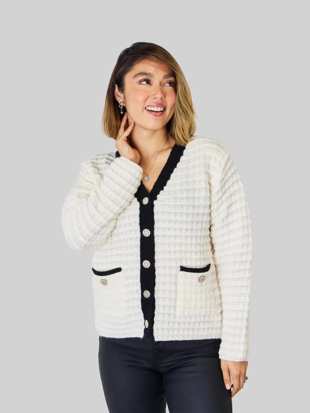 Women Contrast Trim Button Up Cardigan