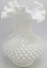 Vintage 7.5" Fenton White Milk Glass Hobnail Ruffled Crimped Edge Vase