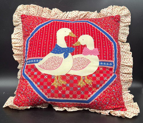 Vintage 80's Red Quilted CottageCore Country Ducks Geese Lace Trim Throw Pillow