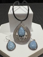 Faux Turquoise Pendant Corded Necklace and Matching Earrings Vintage Set.