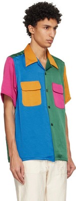 Mens Medium Needles Green & Blue Paneled Sateen Shirt Retro Loop Collar