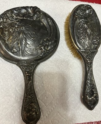 Antique Victorian Art Nouveau Silver Tone Vanity Set Mirror Brush Repousse