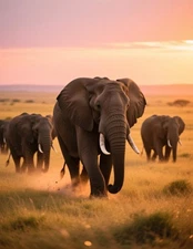 A Herd of Elephants on the Savannah Grass Sun Nature Poster Print 18 X 24 in