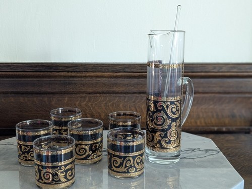 Culver Ebony Baroque 22K Gold Signed Pitcher Set 6 Glasses 1960s MCM Barware