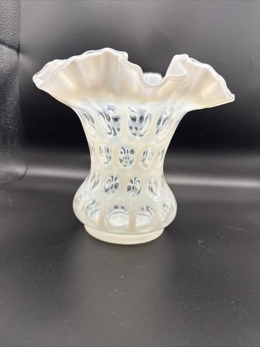 Fenton Vase Opalescent White Coin Dot Cased Glass Double Ruffled Edge 6" Vintage