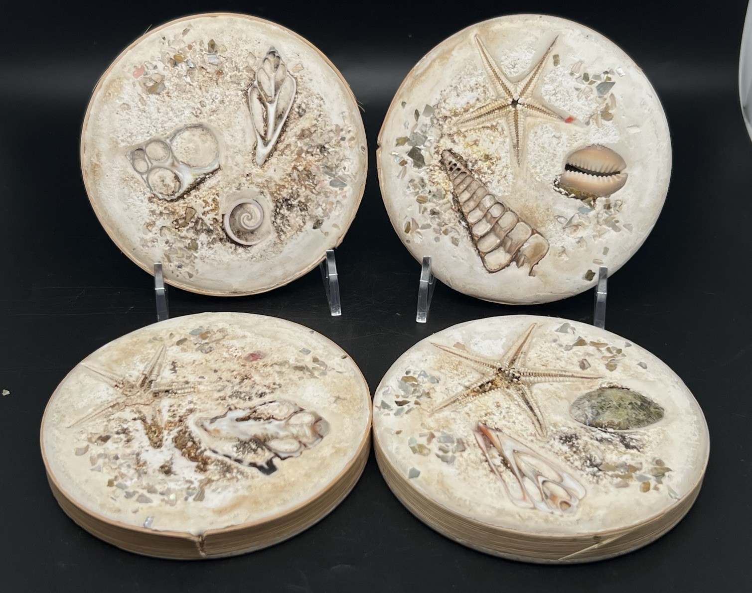 Resin-Coated Seashell Coasters Set of 4 with Starfish and Bamboo Trim