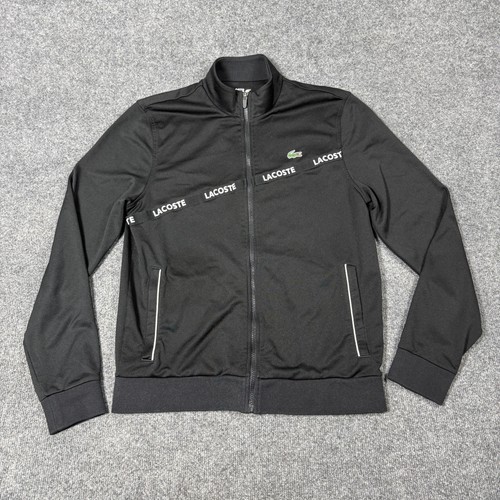 Lacoste Sport Track Jacket Mens Large Black Full Zip Logo Tape Stand Collar Hole