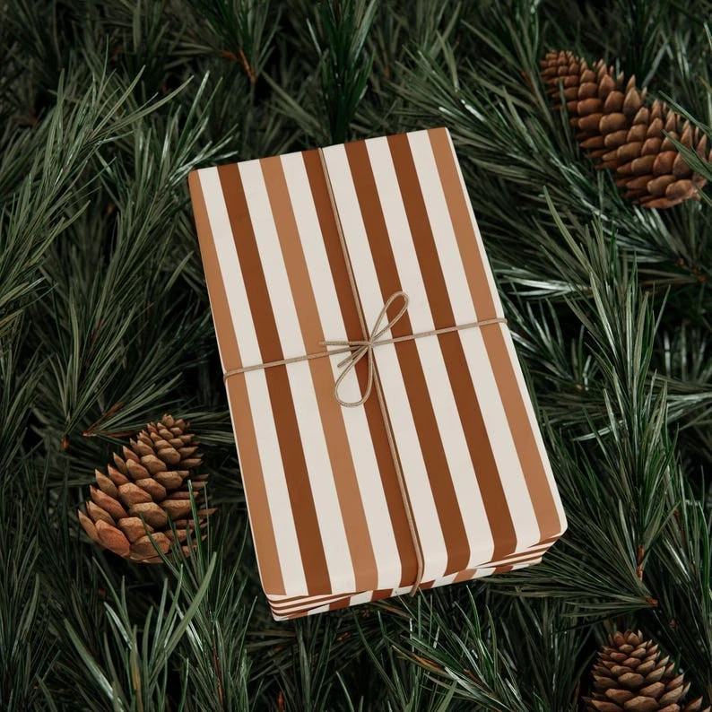 Brown Striped Wrapping Paper Roll, Aesthetic Gift Wrap