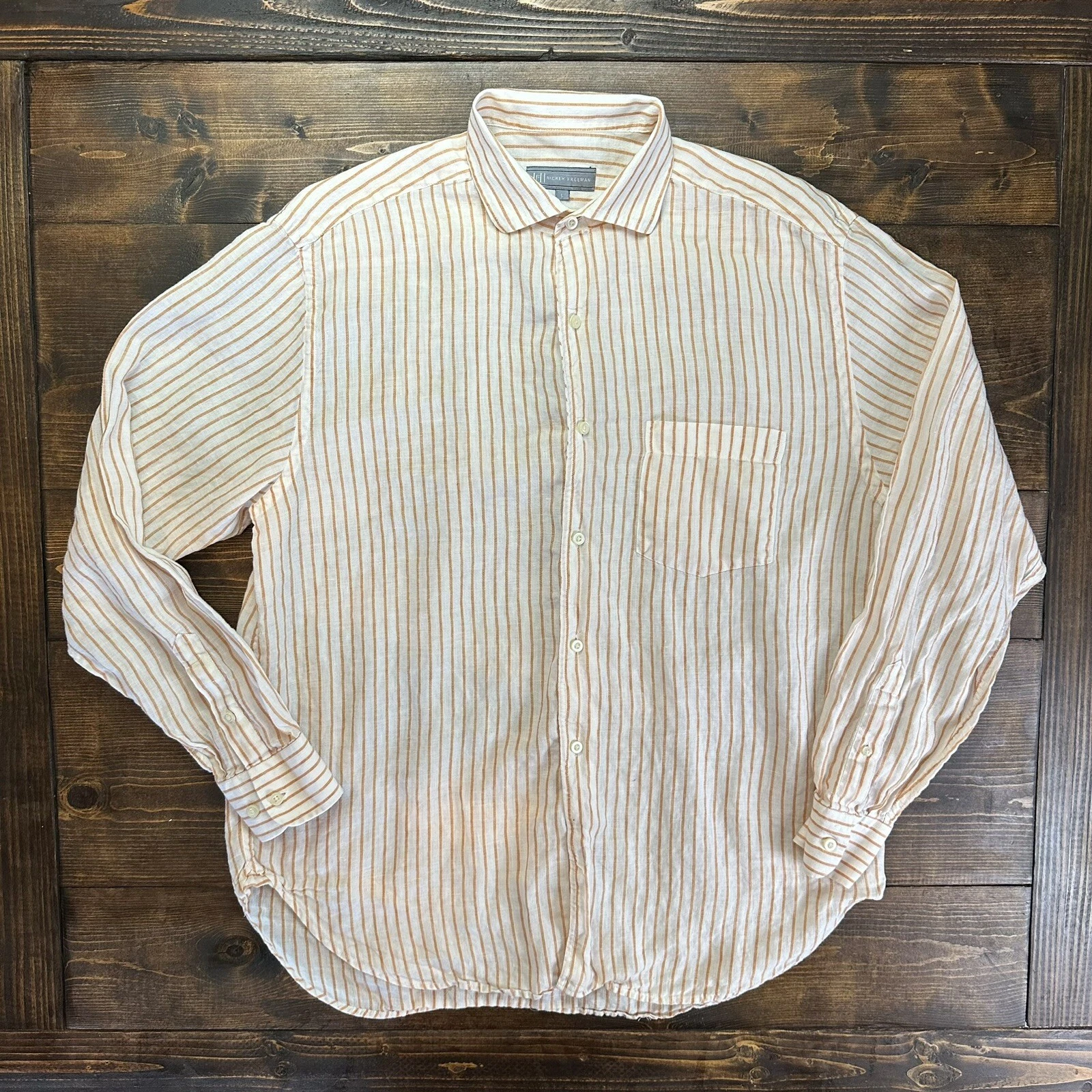 Hickey Freeman Men Large Orange White Stripe 100% Linen Button Up Shirt