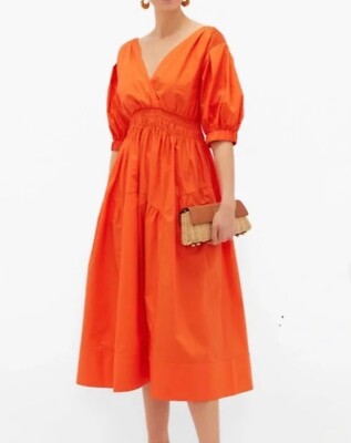 NWT Self-Portrait Orange Cotton Poplin Midi Dress, Size 10