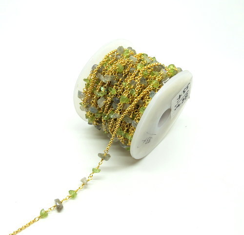 02 Feet Rosary Chain Natural Gemstones Nuggets Beaded Necklace 22K Gold Chain - Picture 2 of 2