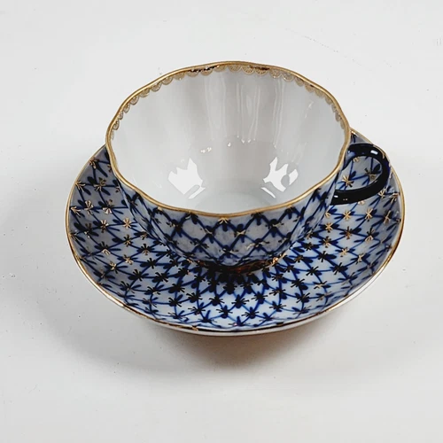 Porcelain St. Petersburg COBALT NET Cup & Saucer Russian Lomonosov 22K Gilt