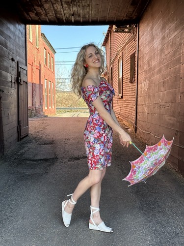 1980s Party Dress-Cotton Chintz-Floral-Jessica McClintock-Red-Mini-Wiggle-Formal - Picture 4 of 24