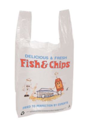 White Plastic FISH CHIP Shop PRINTED VEST CARRIERS BAGS High