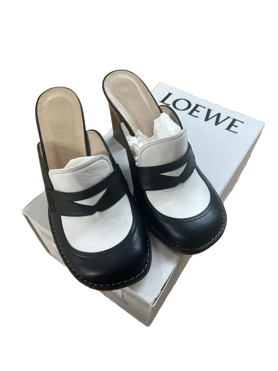 Loewe — New LOEWE Loafers 90 Round Toe Chunky Clogs Heels Leather Shoes Black White 39