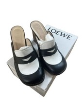 New LOEWE Loafers 90 Round Toe Chunky Clogs Heels Leather Shoes Black White 39 