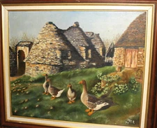Impressionist oil painting rural landscape huts and gooses signed