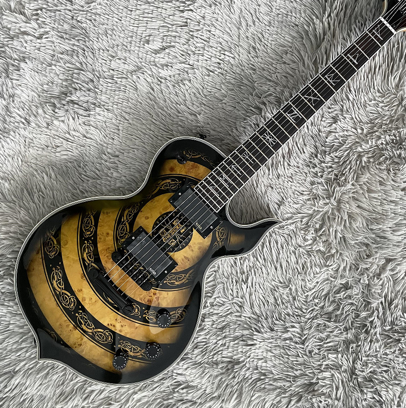 Custom Odin Electric Guitar Yellow Zakk Viking Totem Bullseye H-H Pickups