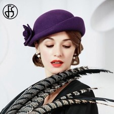 Purple Pillbox Hat Wool Beret Fascinator Hats Flower Cocktail Wedding Tea Party