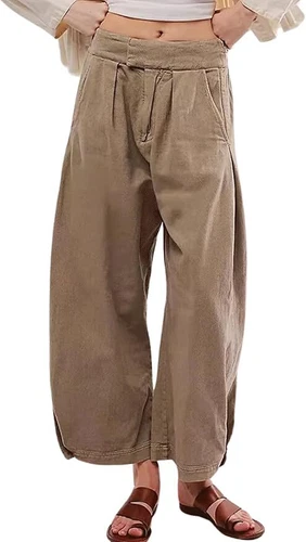 Women's Baggy Pants Wide Leg Casual Cotton Ankle Jeans Mid Rise Harem Pants - Picture 20 of 34