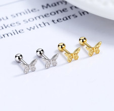 925 Sterling Silver Gold Plated Lovely Butterfly Screw Back Stud Earrings F16