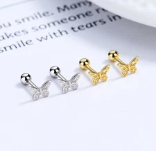 925 Sterling Silver Gold Plated Lovely  Butterfly Screw Back Stud Earrings F16