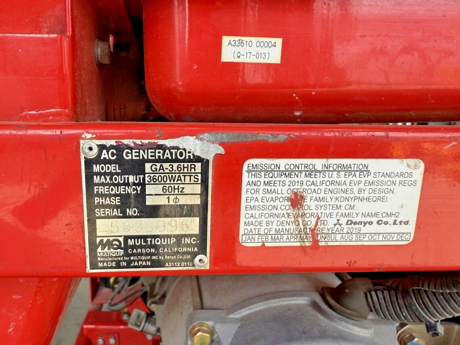 MULTIQUIP GA-3.6HR 3,600 WATT PORTABLE GENERATOR - HONDA ENGINE ONLY 9 HOURS