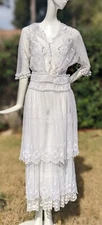 EDWARDIAN FLORAL EMBROIDERED NET TEA DRESS WITH FLOUNCED SKIRTING
