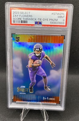 2023 Panini Select Zay Flowers RC Score Throwback SSP Tie-Dye 4/25 PSA 9  #match