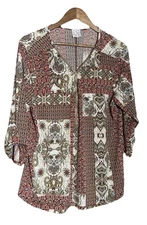 Naif Women Top 1x Cream Paisley Tunic Zipper 3/4 Sleeve Zipper