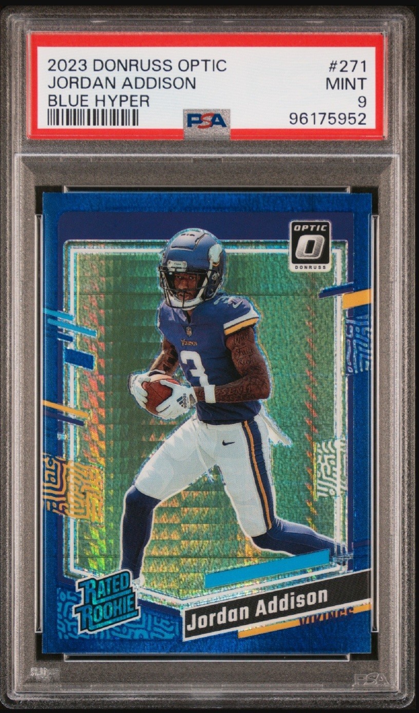 2023 Panini Donruss Optic - Rated Rookie Jordan Addison #271 Blue Hyper PSA 9