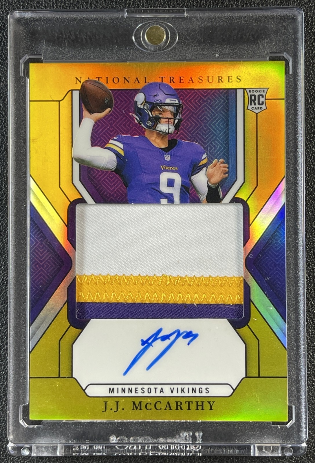 J.J. MCCARTHY 2024 NATIONAL TREASURES 156 ROOKIE PATCH AUTO PREMIUM GOLD RC 1/10