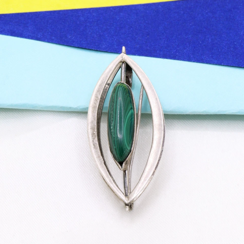 Malachite Taglio Marquise Forma Spilla 925 Argento Sterling Artigianale Gioielli - Immagine 2 di 4