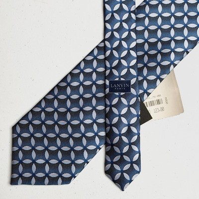 New Lanvin France Men's Navy Blue Geometric Pattern Silk Neck Tie NWT