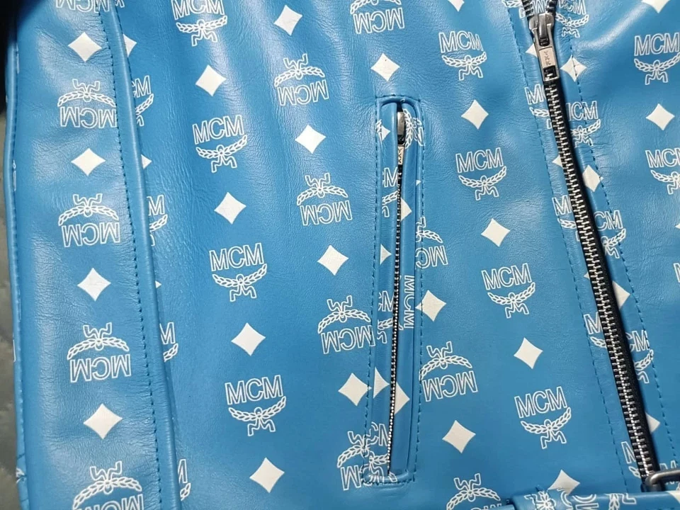 Rare MCM Blue Monogram Leather Jacket – Designer Biker Style with Zippers - Image 4 of 4