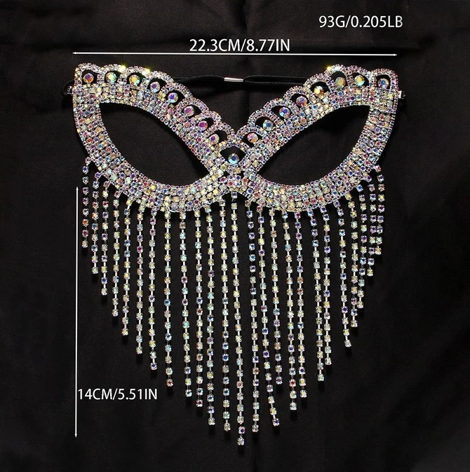 Belly Dance Rhinestone Long Tassel Face Veil Face Mask Women Masquerade Harness - Image 2 of 4
