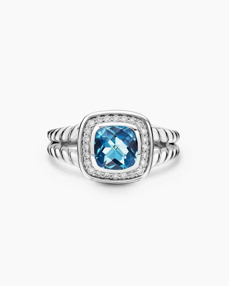 David Yurman Petite Albion Ring Blue Topaz & Diamonds Sterling Silver Size 6.5