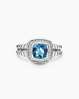 David Yurman Petite Albion Ring Blue Topaz & Diamonds Sterling Silver Size 6.5