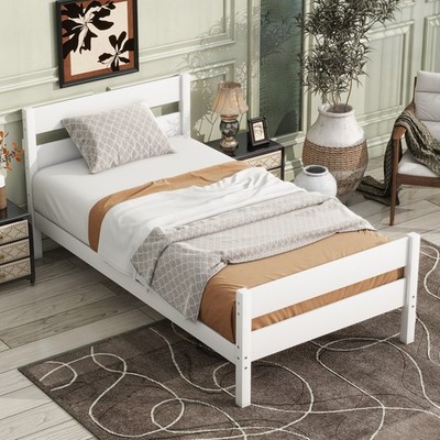 Twin Bed Frame with Headboard and Footboard, Rubber Wood, White