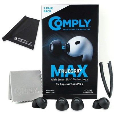 Comply TrueGrip MAX Ohrstöpsel für Airpods Pro 3 Schwarz Größe M mit Tuch
