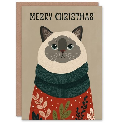 Weihnachtskarte grau Stoffpuppe Katzenliebhaber Haustier mit festlichem Pullover