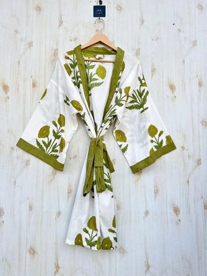 Indian White Floral Cotton Robe Short Kimono Sleepwear Night Suit Kimono Robe US