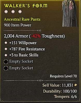  Diablo 4 Season 13 3GA Pants Pants   : +151 Willpower  +3 to Basic Skills