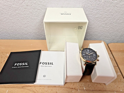 Fossil Black Leather Strap Gold Case Hybrid Smart Watch 44mm NDW2F16 - NEW OB