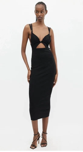 Abito midi Jacquemus La Robe Pila nero lavorato a maglia jersey lino FR 36 piccolo UK 8