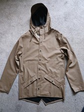 Rains Women's Brown Waterproof Coat XS/S with Snap Front Lightweight Peaked Hood